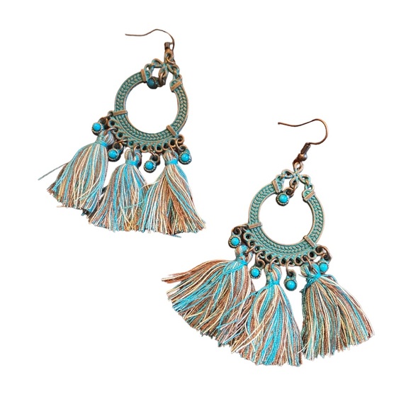 Boho Style Turquoise and Brown Fringe Drop Earrings - Picture 1 of 5